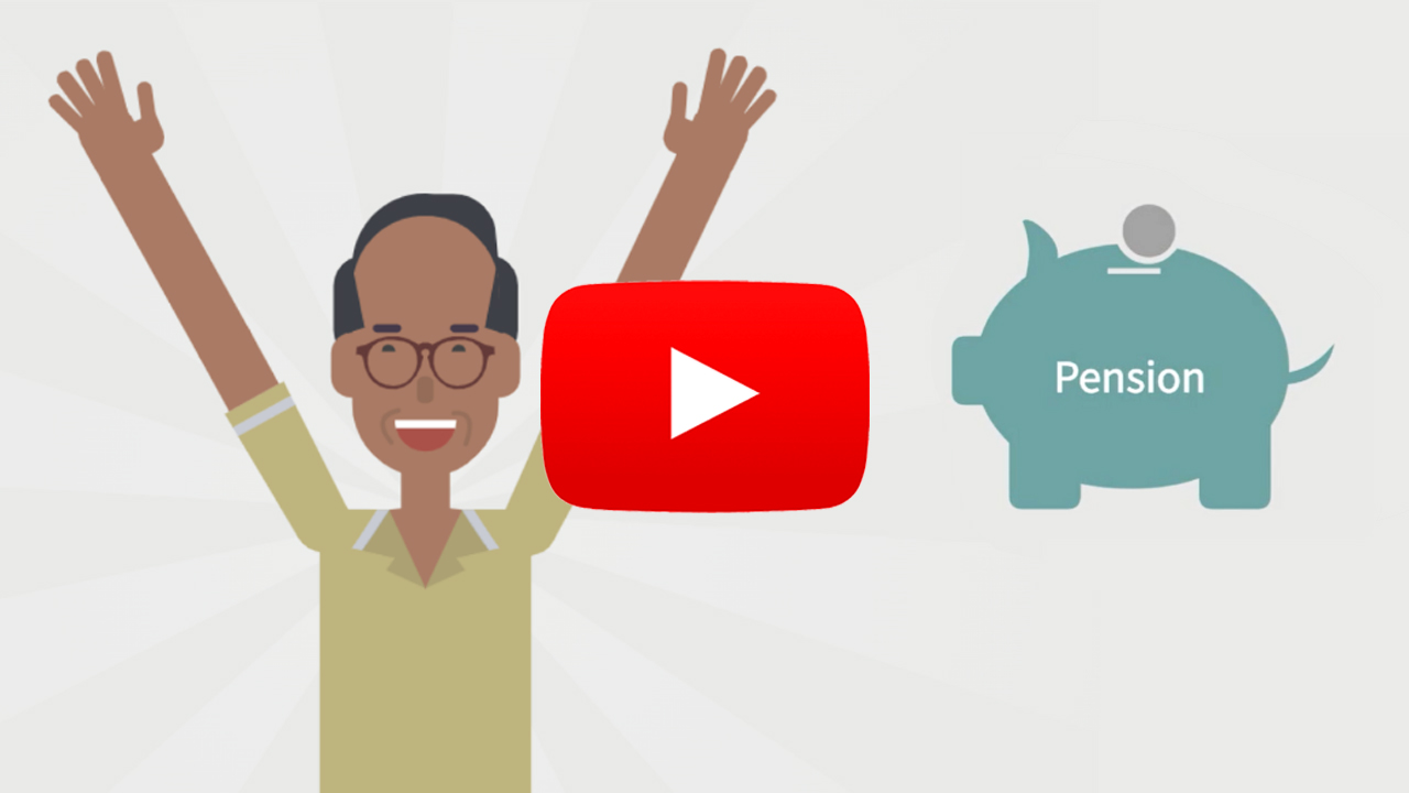 Play button over illustration of smiling man with arms in the air, next to piggy bank